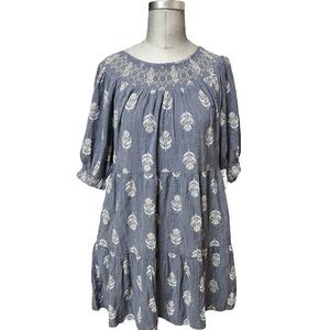 Old Navy Puff-Sleeve Smocked Embroidered Tiered Mini Swing Dress in Blue Size S